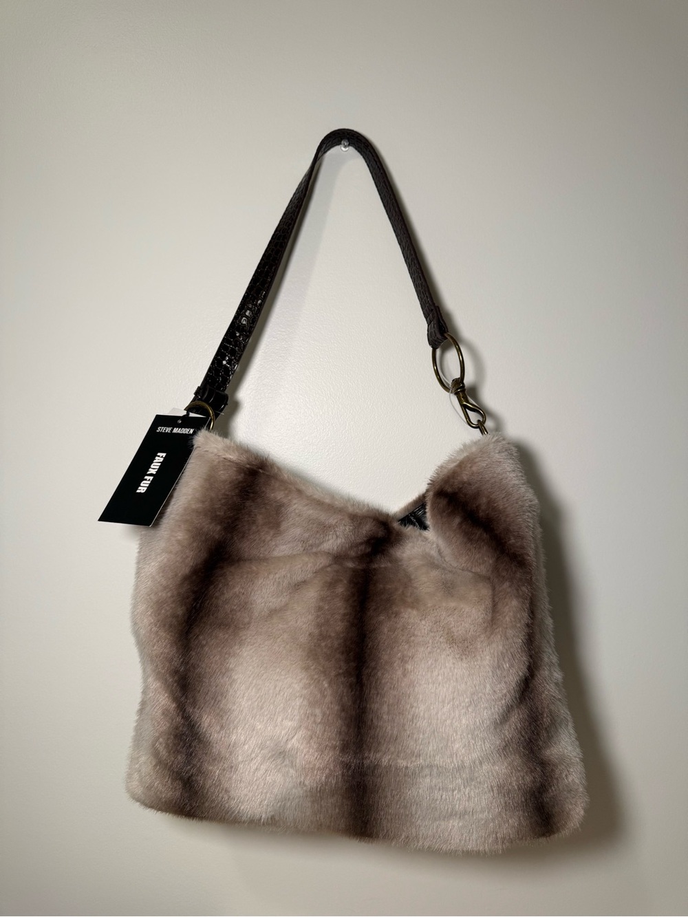 Steve Madden Taupe Faux Fur Hobo with Dark Brown Strap